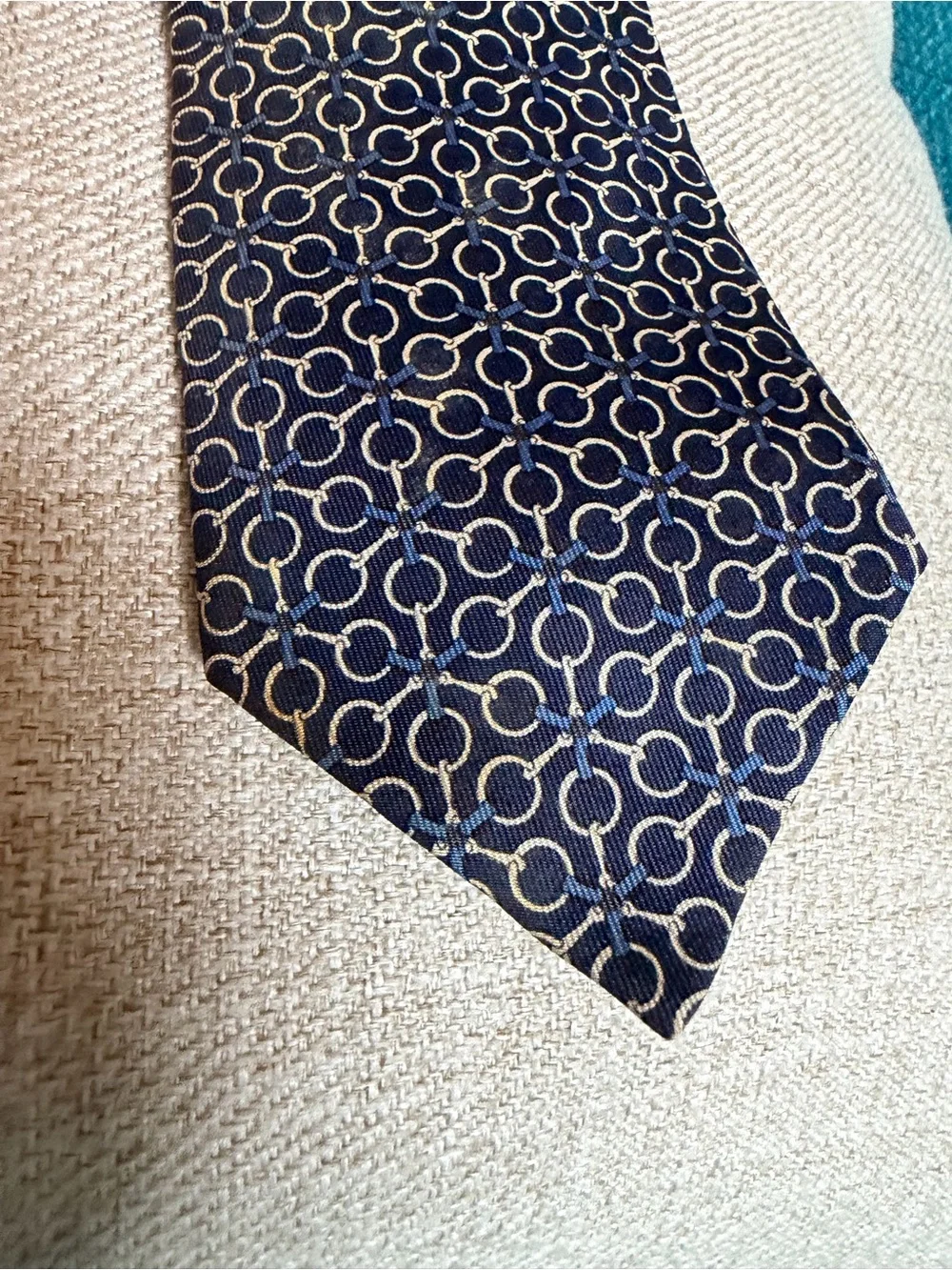 Hermes Navy Silk Tie with Interlocking Ring Pattern AUTHENTIC